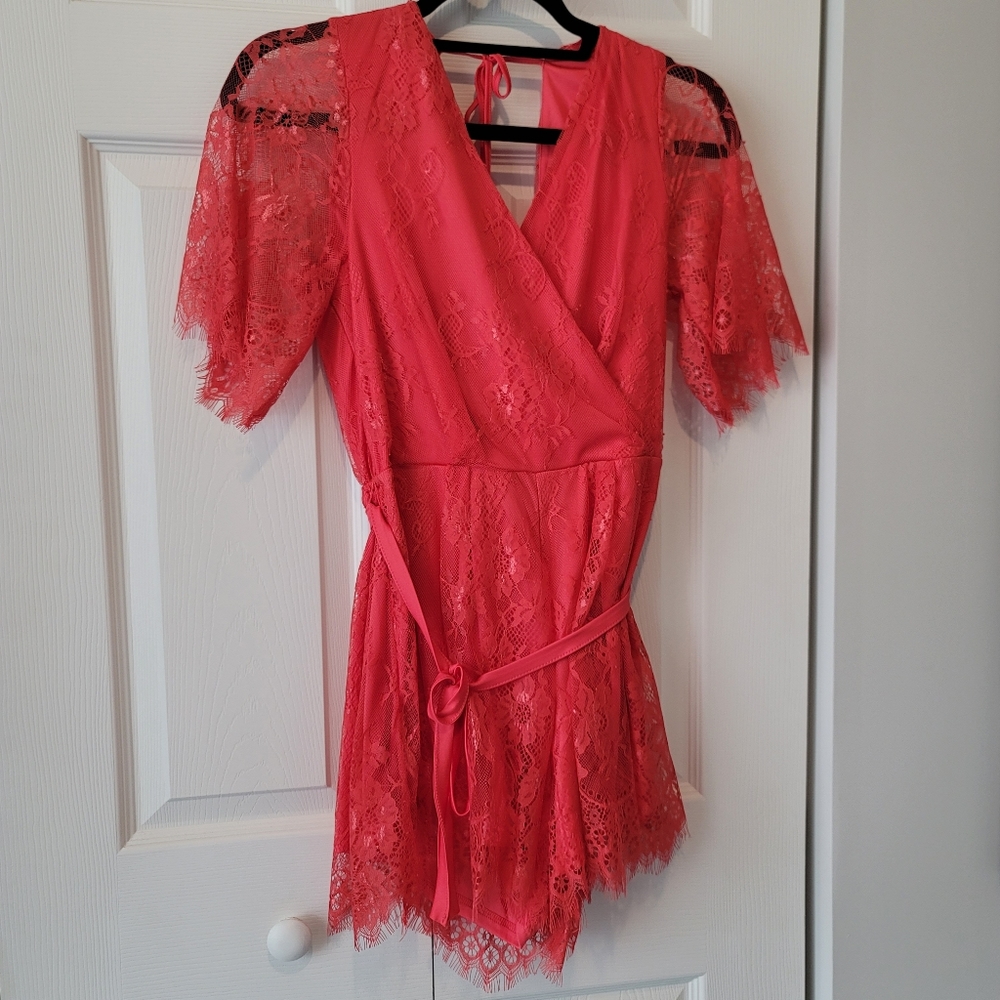 NWOT Red Lace Romper With Tie Waist